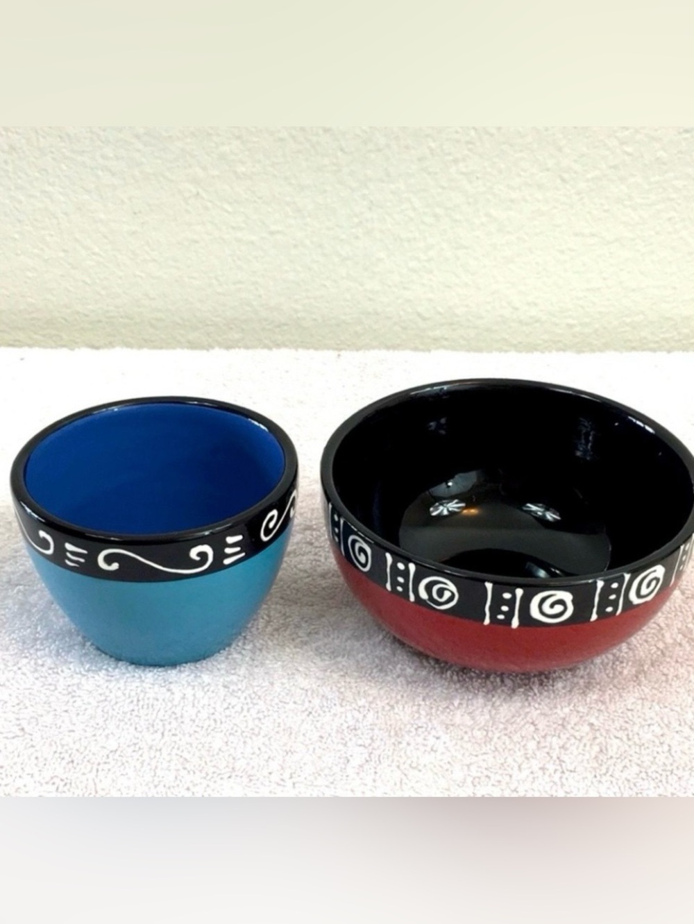 NEW Vintage Bella Casa By Gantz Red Blue Abstract Retro Small Bowl Set of 2 Boho